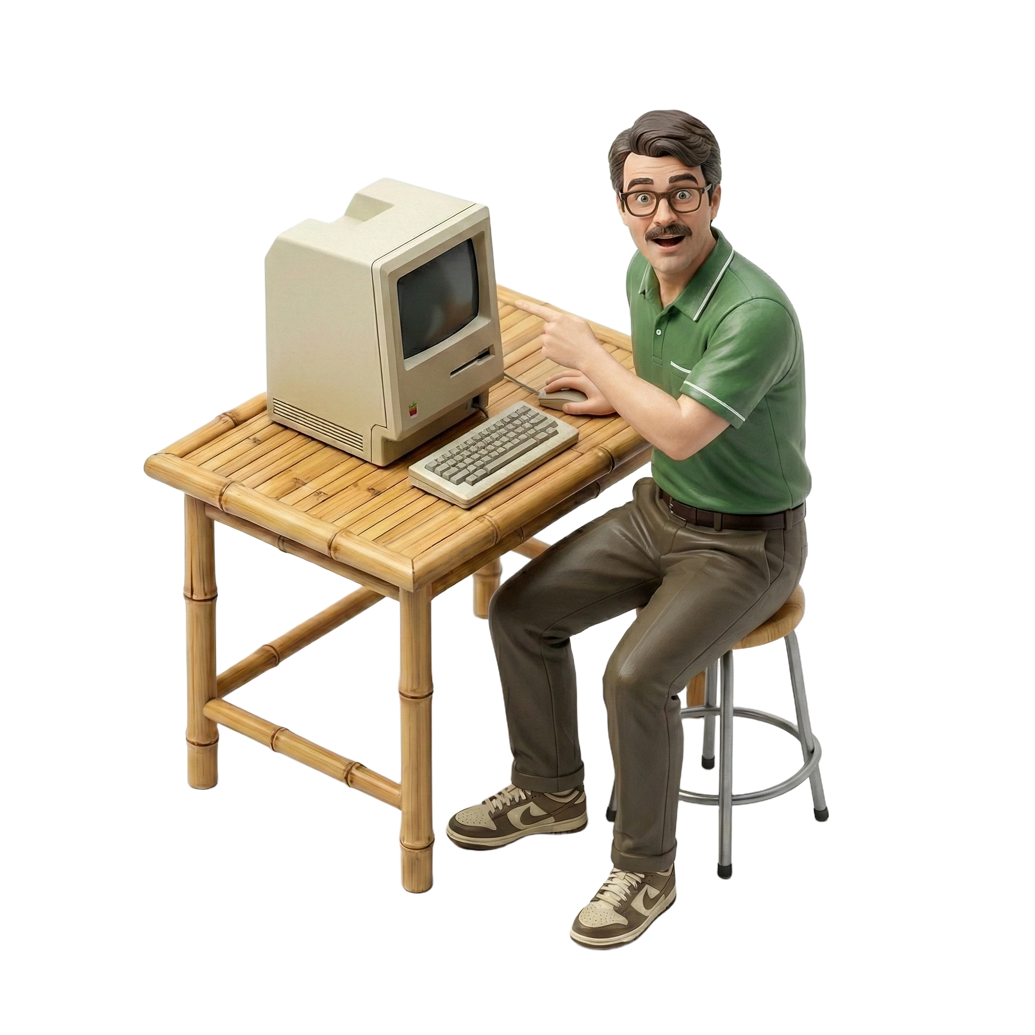 Figurine of Shaughv pointing at his vintage Mac.